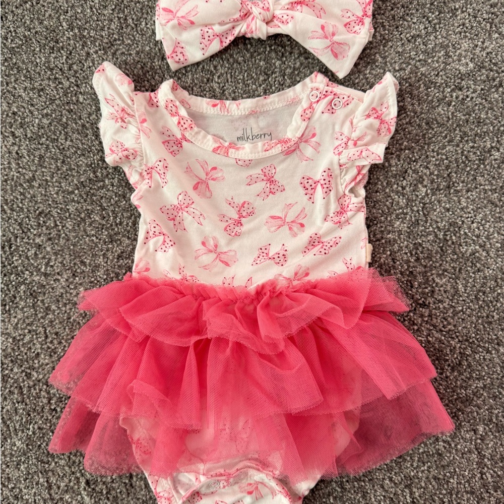 Milkberry Tulle Bodysuit Dress with matching headband bow 3-6 Months